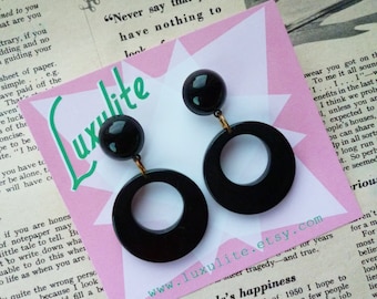 Sassy n simple! Sweater girl drop hoop earrings in Inky Black handmade 50s style by Luxulite