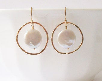 Coin Pearl Circle Earrings, Pearl Dangle Drop Earrings