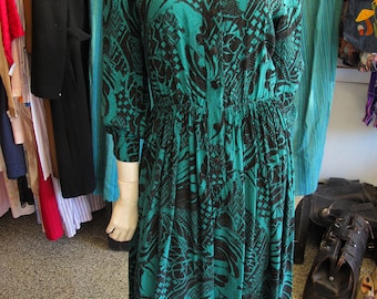 Vintage 80s Jean-Louis Scherrer Jade Green & Black Abstract Print Silk Dress sz 4/6
