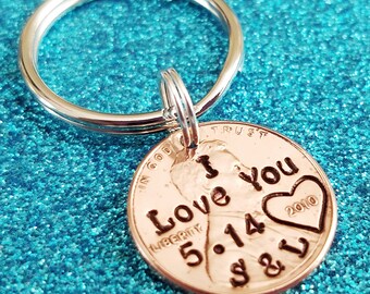 Boyfriend Gift , I Love You, Penny Keychain, Hand Stamped Penny, Personalized Penny, Anniversary Gift, Husband Anniversary Gift
