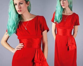 50s Red Dress Teena Paige Dress Wool Dress with Satin Sash Wiggle Dress