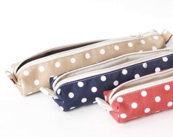 Polka Dots Small Pencil Case, White Polka Dots, Cotton Zipper Pouch, Small Cosmetic Case