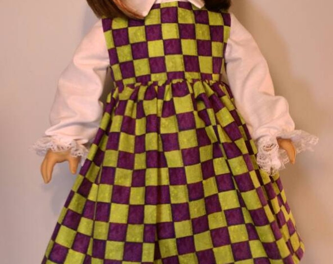 Green and purple check Mardi Gras parade dress and blouse fits 18 inch dolls,