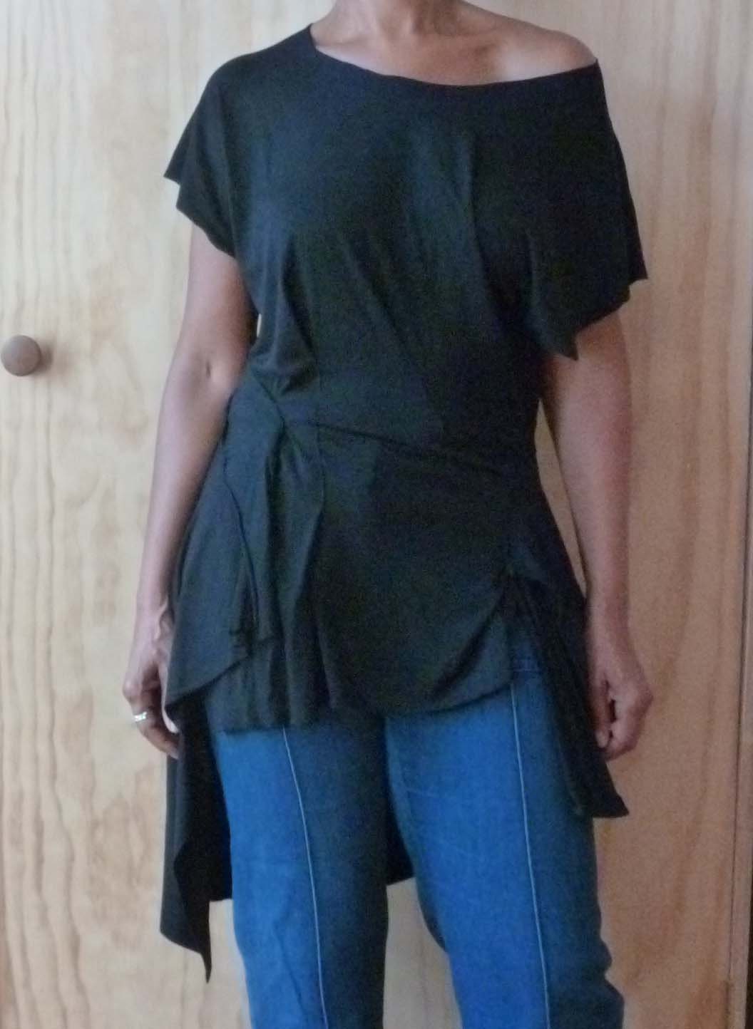 Black drape back top /raw cut,uneven hemline/raw edges/funky and flattering designed by Cheryl Johnston for Cheryldine