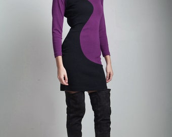 vintage 80s bodycon dress long sleeves color block fitted purple black knit dress SMALL S