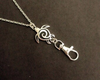Turtle Lanyard Silver, ID Badge Holder Necklace Turtle, Boho Silver Beach Lanyard Simple Ocean Lanyard, Silver Lanyard Nature Gift