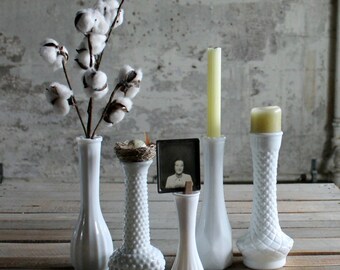 5 Vintage Milk Glass Vases / Candle Holders - No. 1