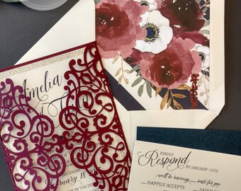 Laser Cut Wedding Invitation Package Burgundy Navy Gold Glitter Anemone Florals Invitation Response Card DEPOSIT or SAMPLE Custom Colors