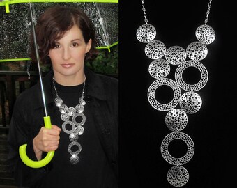 Statement bib necklace, modern geometric chunky silver tone necklace