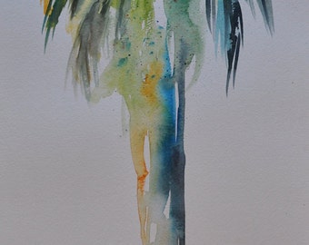 Large Palm Tree California Palm Original Watercolor Painting, coastal art beach painting