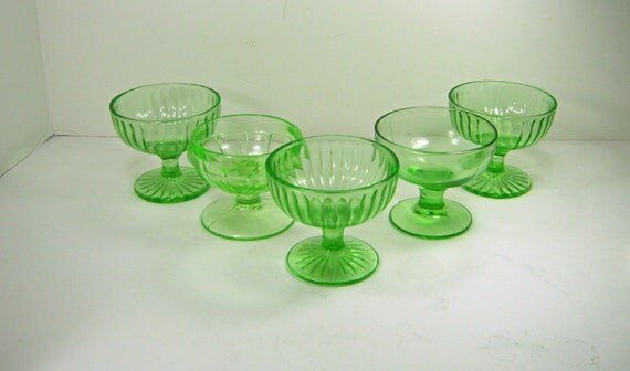 Vintage Green Depression Glass Sherbet Set 5 Vaseline Mixed