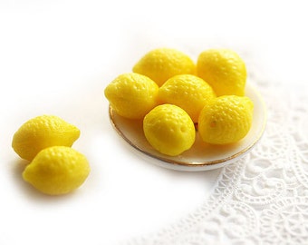 8pc Yellow Lemon beads, 10x14mm Glass fruit beads, bright yellow top drilled lemons - 14x10mm - 0777