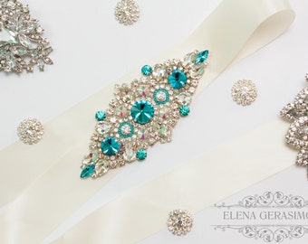 Crystal bridal belt, Rhinestone Sash, turquoise wedding, Silver Wedding Belt Sash