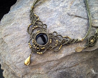 Boho Macrame necklace Onyx stone kaki micro macramé jewelry by Creations Mariposa READY TO SHIP