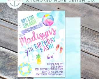 Pool Party Birthday Invitation- 5x7 - Watercolor - Modern - Splish Splash - Girls - Printable File - Cardstock