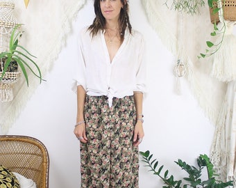 Vintage Wide Leg Trousers, 90s Floral chiffon Culottes, XS Small 4153