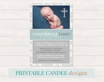 Blue and Grey Baptism Invitation - Boy Baptism Invitation - Boy Christening Invitation - Printable Baptism Invitation - Dedication Invite