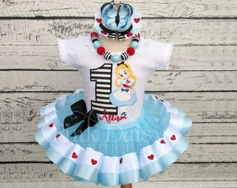 Alice in ONEderland First Birthday Tutu Outfit - Alice In Wonderland Tutu Set - Blue Ribbon Trimmed Tutu - Hearts - Stripes - White Rabbit
