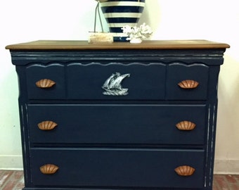 Sailboat Dresser, Rock Maple Dresser, Coastal Bureau, Shabby Chalk Painted, Painted Dresser, Cottage Dresser, Painted Furniture