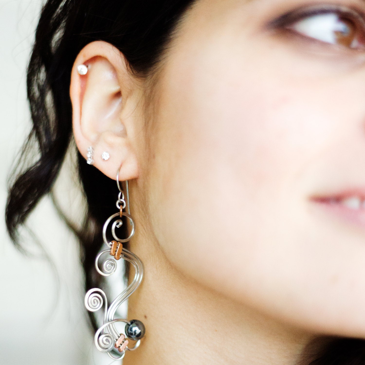 hematite earrings wire wrap earrings assymetric earrings