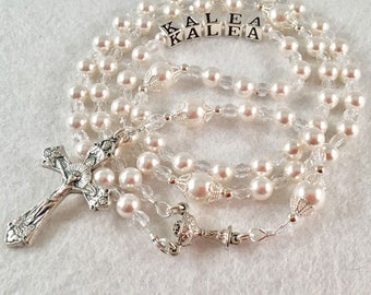 Communion Rosary Beads, Personalized Rosary, Christening, Baptism, Confirmation, Catholic Custom Name Rosary, Swarovski White Pearl (1B)