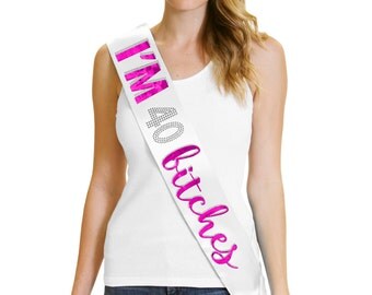 I'm 40 Bitches Hot Pink Foil White Sash - 40th Birthday Present for Mom, 40th Birthday Gifts for Women, 40th Birthday Party Decorations