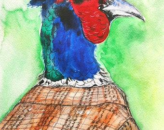 Original mixed media painting ,bird,"Pheasant in tweed jacket",illustration,original artwork,bird painting,brigfht colours,fun.funny