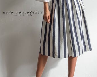 BLUE and white STRIPED SKIRT, pleated skirt, denim skirt, tea length skirt, spring summer skirt, made in Italy