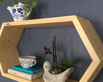 Floating Hexagon Wall Shelf - Geometric Shelving - Wooden Book Shelves - Bedside Decor - Bathroom Shelf - OOAK - 1 Extra Long Hexagon Shelf