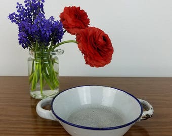 Vintage White with Blue Edge Enamelware Dish with Handles, Industrial Farmhouse Kitchen Decor