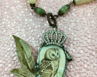 Broken China Necklace, Owl China Plate, Bird Shaped Pendant, Soldered and Assemblage Jewelry,Free Shipping USA