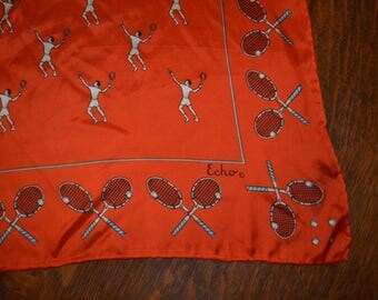 Retro RARE vintage 1970s Echo silk neck scarf kerchief tennis rackets players balls orange
