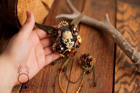 Steampunk Clock Brooch- Steampunk Jewelry Day Of The Dead Cameo Double Brooch With Bronze Wings by TwiggiLight steampunk buy now online