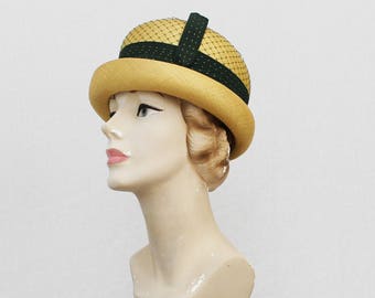 60s Black and Tan Bumper Hat - Vintage 1960s Charmaine Original Women's Straw Hat