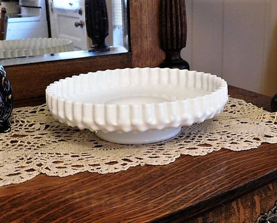 Fenton Hobnail White Milk Glass Pedestal Plate Pie Crust Crimped Rim 1950s 50s Mid Century Cake Desert Plate Wedding Centerpiece Home Decor
