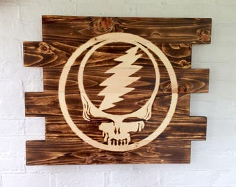 Grateful Dead Steal Your Face Rustic Burned Wood Sign