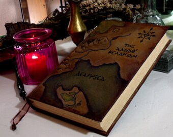 Map 300p, Hand Painted Canvas Journal, 6x9 Nautical Blank Book of Shadows,