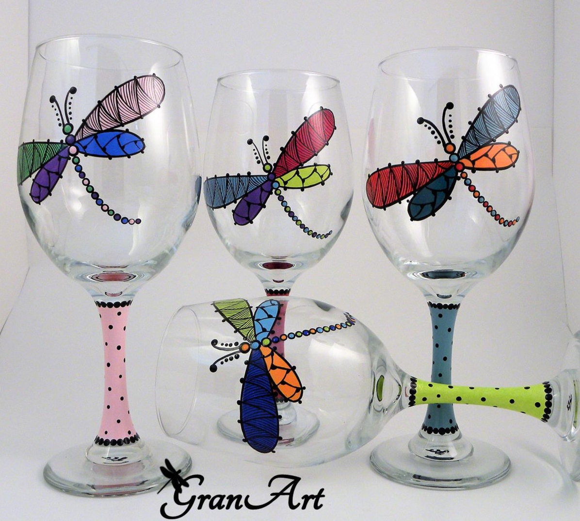 Dragonfly Wine Glasses Set of 4 Dragonfly Hand Painted Wine
