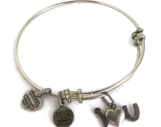 Vintage Charm Bracelet, Angelica Silver Tone "I Love You" Charm Bangle, Gift for Her