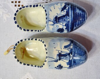 Vintage Delft Ceramic Dutch Shoe Set of 2 Windmill Floral Design Hand Painted Blue White Holland PanchosPorch