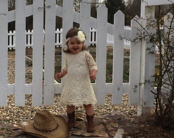 Girls Cream/beige Lace Dress Easter Dress Birthday Dress Flower Girl Dress Party Dress with Free Matching Lace Flower Headband