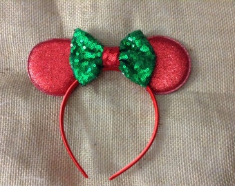 Merry Christmas Mouse Ears headband- Holiday- red and green glitter-vacation,trip,photo prop,magical trip,girls headband,adult headband
