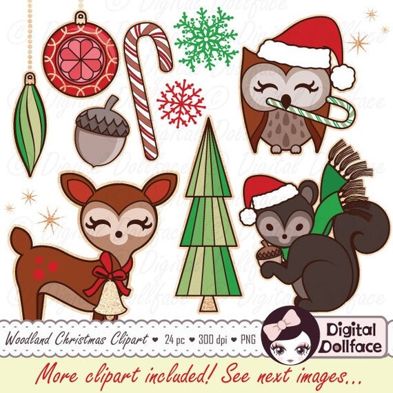 Woodland Christmas Clip Art, Christmas Animals, Holiday Clipart, Owl, Deer & Squirrel Graphics / Digital Images Il_570xn