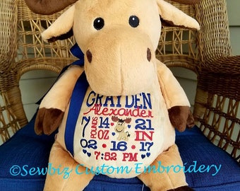 Personalized Baby Gift, Embroidered Baby Gift, Moose Stuffed Animal, Birth Announcement Stuffed Animal