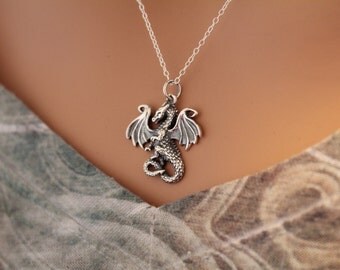 Sterling Silver Dragon Necklace, Silver Dragon Pendant Necklace, Realistic Dragon Necklace, Dragon Necklace, Fairy Tale Dragon Necklace