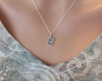 Sterling Silver Uppercase B Initial Charm Necklace, Oxidized Sterling Silver Uppercase B Letter Necklace, Uppercase B Necklace, Uppercase B