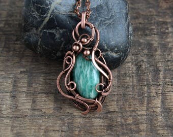 Amazonite pendant Amulet necklace Copper Wirework jewelry boho pendant Fantasy pendant Everyday jewelry Wire wrap stone Amazonite necklace