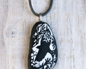 Raven- hand painted slate pebble pendant