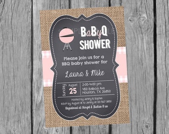 BBQ Baby Shower Invitation, Barbecue baby shower Invites, Pink and Burlap Baby Q invitations, Couples Shower. Summer Invites. Digital file.