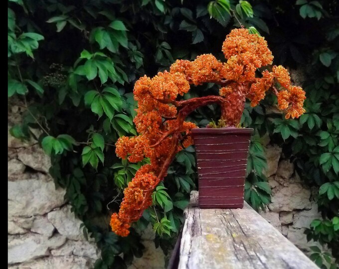 Beaded artificial autumn cascade bonsai tree - miniature tree - beaded autumn - bonsai tree - copper wire tree of life - ready to ship